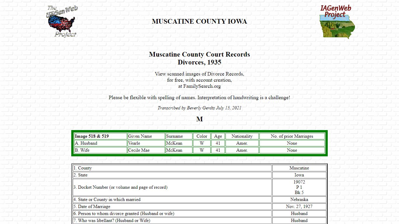 Muscatine County, Iowa, Court Court Records of Divorces ...